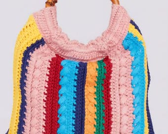 Striped Crochet Tote Bag: Bamboo Handle, Colorful Boho Handbag - Mother's day gift
