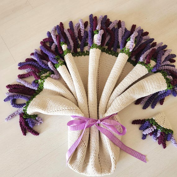 Handmade Crochet Lavender Tulip Bouquet Blanket, Organic Cotton Throw, Floral Home Decor