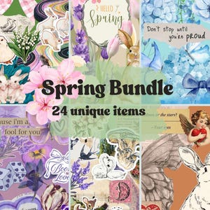 May include: A collage featuring the text "Spring Bundle" and "24 unique items." The design incorporates floral elements, bunnies, butterflies, and various quotes. Colors include pink, purple, blue, and green, creating a whimsical aesthetic.