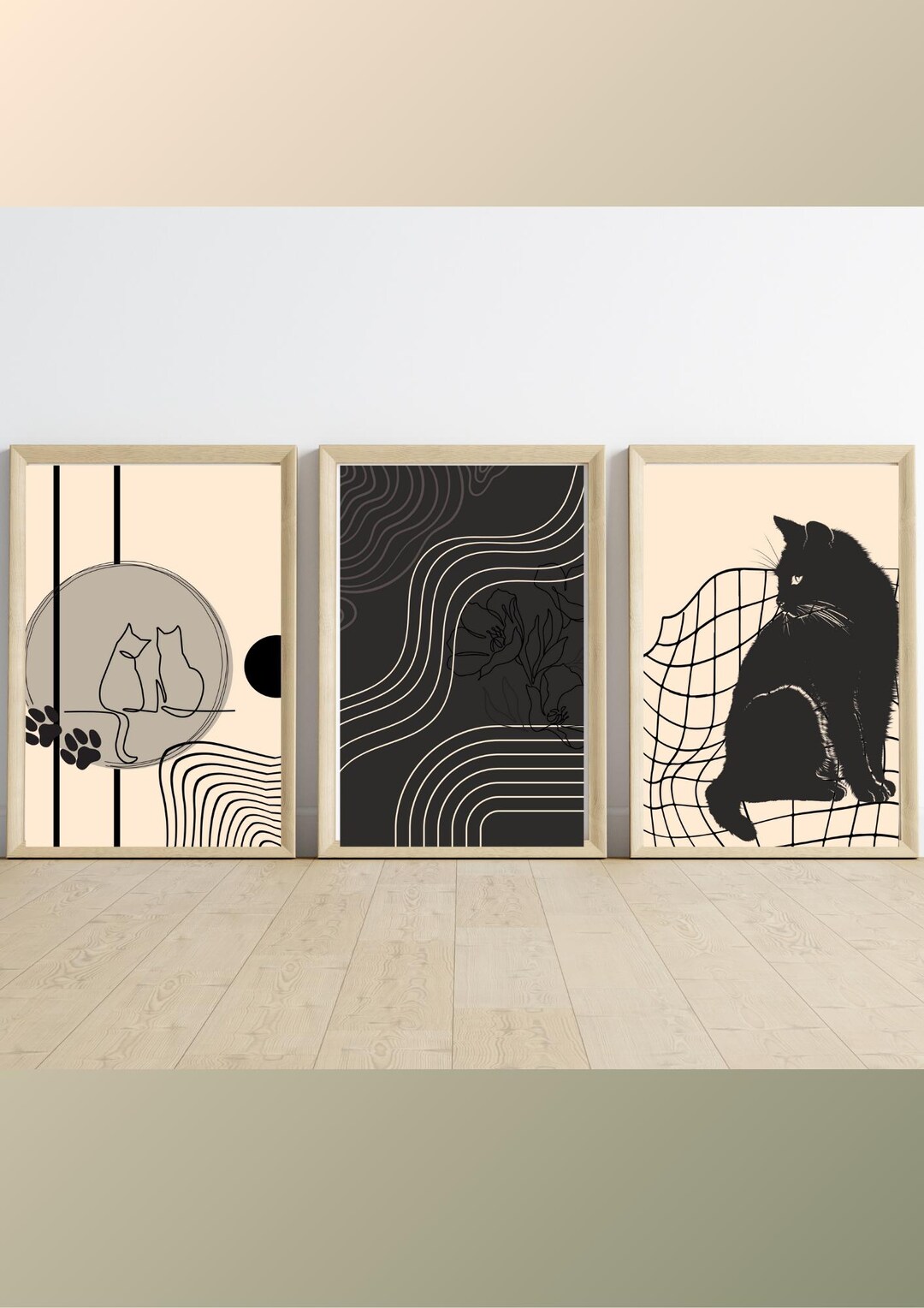 3 Minimalist Cat Wall Art Set | Black & Beige Cat Posters | Modern ...
