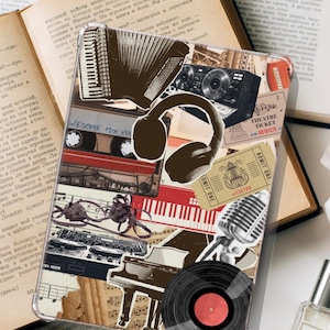 May include: A clear protective tablet case featuring a collage of vintage musical elements including an accordion, headphones, a cassette tape labeled Awesome Mix Vol, a microphone, a piano, a vinyl record, and a ticket stub labeled Admit One.