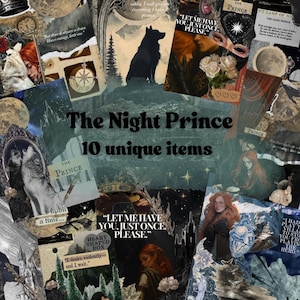 Puede incluir: Un collage de imágenes de temática fantástica, con ilustraciones de lobos, castillos y parejas románticas. El texto "The Night Prince" y "10 unique items" se muestran de forma destacada. También se incluyen varias citas y frases, como "Let me have you, just once, please."