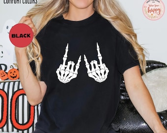 Comfort Colors Skeleton Hand Rock On Shirt: Unisex Halloween Graphic Tee