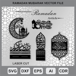 Può includere: Disegni di file vettoriali in bianco e nero per il taglio laser. I disegni includono una mezzaluna con una moschea, una lanterna e varie calligrafie arabe con le parole "Ramadan Kareem" e "Ramadan Mubarak".