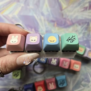 May include: Pastel-coloured keyboard keycaps with animal and character designs. The keycaps are attached to keychains. Colours include pink, purple, blue, and green. The keycaps have a square shape.