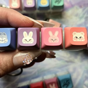 May include: Close-up of four colourful keyboard keycaps. The keycaps are square and feature cartoon animal designs: a rabbit, a squirrel, and a bear. The keycaps are in shades of blue, purple, and pink.
