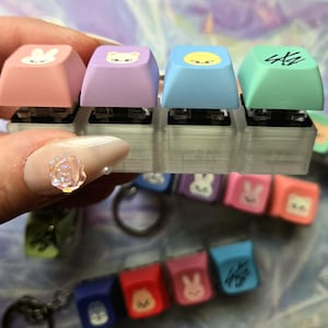 May include: A close-up of four brightly coloured keyboard keycaps. The keycaps are pink, purple, blue, and green, each with a different cartoon character design. Other keycaps and a keychain are visible in the background.
