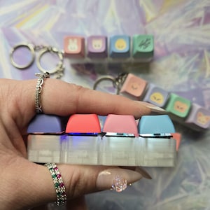 May include: A miniature keyboard with four keycaps in purple, red, pink, and blue. Additional keycaps with cartoon faces are attached to a keyring. The keyboard is held in a hand. The keyboard is clear.