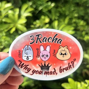 Può includere: Adesivo ovale con la scritta "3Racha" in bianco su sfondo rosso. L'adesivo presenta tre facce di animali dei cartoni animati e la frase "Why you mad, bruh?" in testo nero.