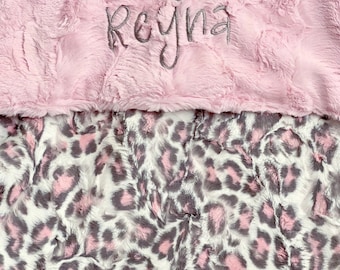 Personalized Blush Leopard Baby Blanket, Pink Leopard Minky Baby Name Blanket, Custom Embroidered Girl Baby Blanket, Baby Shower Gift