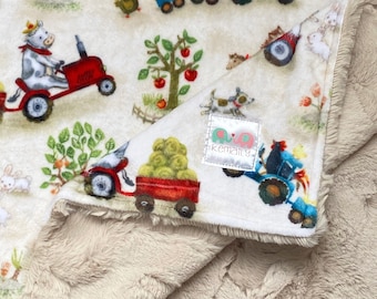 Funny Farm Friends Luxury Minky Baby Blanket, Personalized Baby Boy Blanket, You Choose Minky Back, Baby Shower Gift, Toddler Bedding