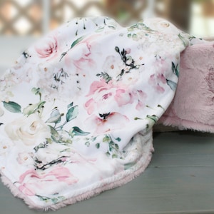 Personalized Baby Blanket, Pink Floral Minky Baby Blanket, Baby Shower Gift, Toddler Bedding, Custom Blanket, Newborn Girl Gift, Embroidered