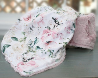 Personalized Baby Blanket, Pink Floral Minky Baby Blanket, Baby Gift, Toddler Bedding, Custom Baby Blanket Girl, Embroidered Blanket
