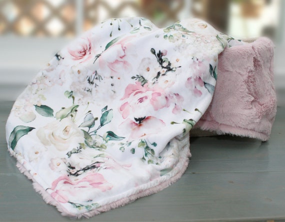Personalized Baby Blanket, Pink Floral Minky Baby Blanket, Baby Gift, Toddler Bedding, Custom Baby Blanket Girl, Embroidered Blanket