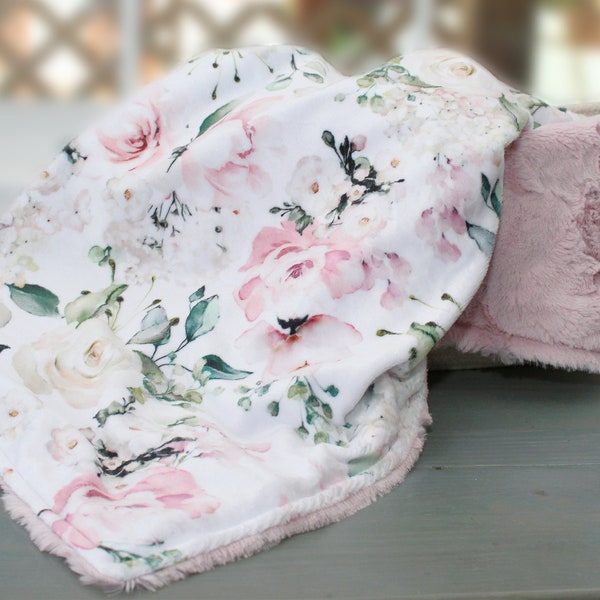 Personalized Baby Blanket, Pink Floral Minky Baby Blanket, Baby Gift, Toddler Bedding, Custom Baby Blanket Girl, Embroidered Blanket