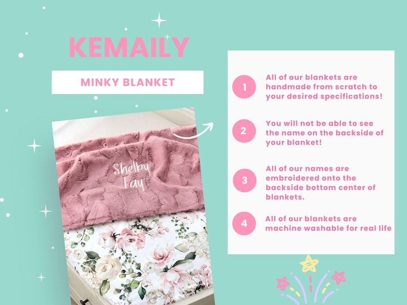 Puede incluir: Una manta minky con una capa superior texturizada en rosa polvoriento con el nombre bordado Shelby Fay y una capa inferior blanca con estampado floral. El texto a la derecha enumera cuatro puntos sobre especificaciones y cuidado.