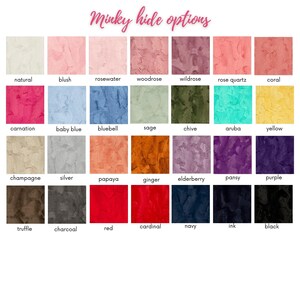 May include: A chart of 24 minky fabric swatches in various colors, including natural, blush, rosewater, woodrose, wildrose, rose quartz, coral, carnation, baby blue, bluebell, sage, chive, aruba, yellow, champagne, silver, papaya, ginger, elderberry, pansy, purple, truffle, charcoal, red, cardinal, navy, ink, and black.