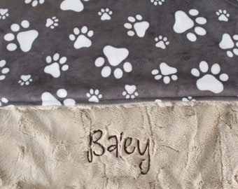 Personalized Pet Blanket, Gray Paw Print Minky Blanket, Personalized Dog Blanket, Personalized Puppy Blanket, Scent Blanket