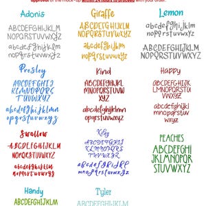 Puede incluir: Una tabla de selecci&oacute;n de fuentes que muestra doce estilos de alfabeto distintos llamados Adonis, Giraffe, Lemon, Presley, Kind, Happy, Swallow, Kiley, Peaches, Handy y Tyler. Cada entrada muestra letras may&uacute;sculas y min&uacute;sculas en colores.