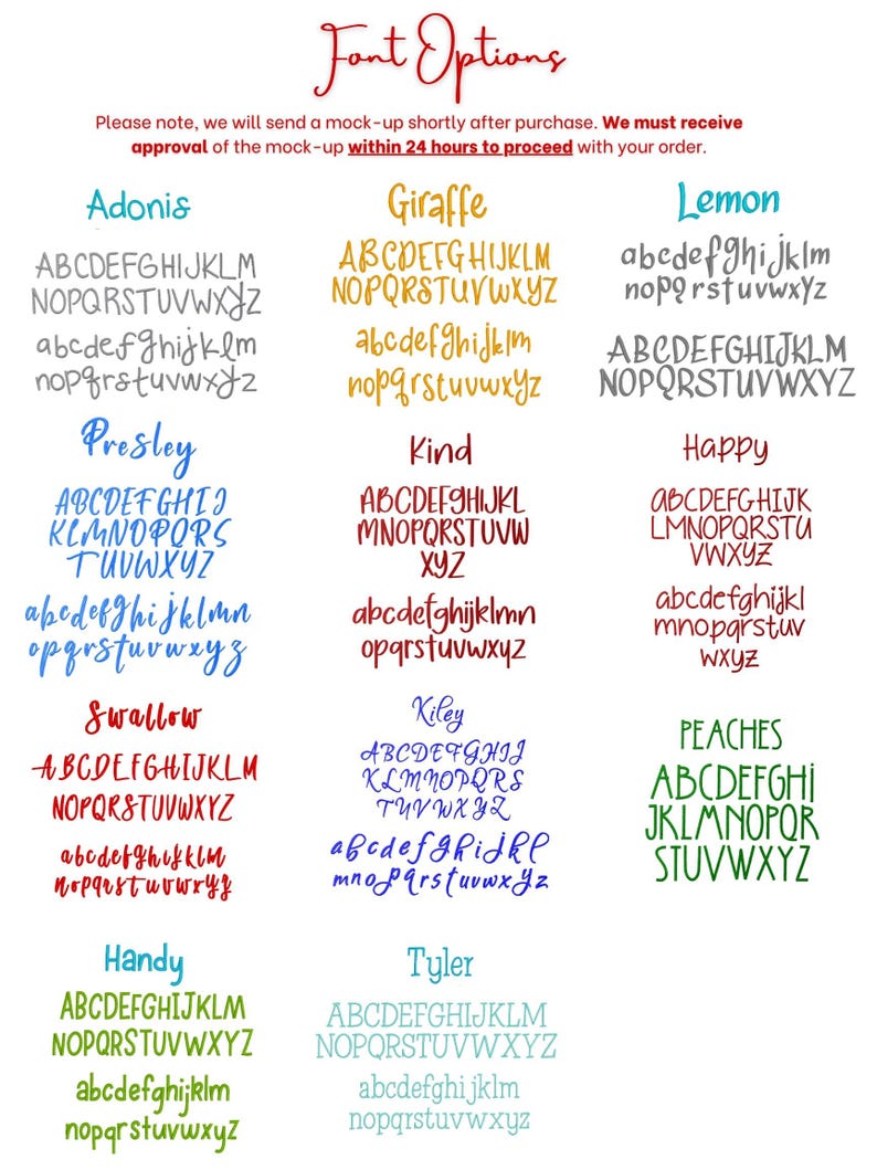 Puede incluir: Una tabla de selecci&oacute;n de fuentes que muestra doce estilos de alfabeto distintos llamados Adonis, Giraffe, Lemon, Presley, Kind, Happy, Swallow, Kiley, Peaches, Handy y Tyler. Cada entrada muestra letras may&uacute;sculas y min&uacute;sculas en colores.