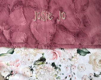 Personalized Pink Floral Baby Blanket – Custom Name Minky Baby Blanket, Floral Nursery Gift, Newborn & Toddler