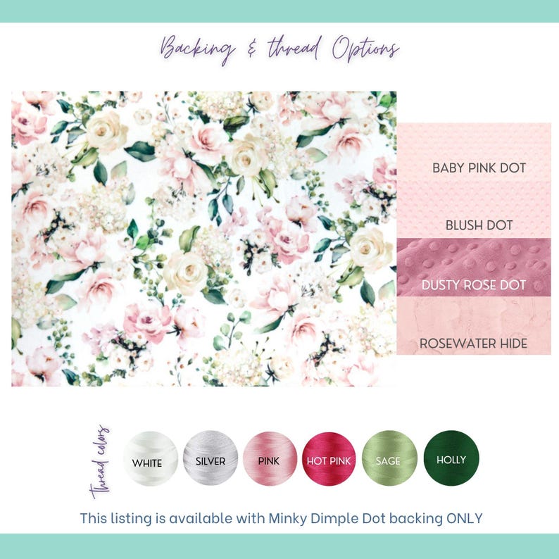 Puede incluir: Una muestra de tela con un patr&oacute;n floral de rosas rosas y blancas y hojas verdes. A la derecha, cuatro opciones de respaldo texturizadas est&aacute;n etiquetadas: Baby Pink Dot, Blush Dot, Dusty Rose Dot y Rosewater Hide. Seis c&iacute;rculos de colores de hilo se muestran debajo etiquetados: White, Silver, Pink, Hot Pink, Sage y Holly.