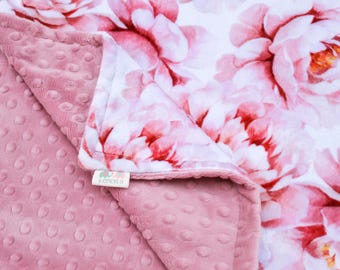 Ready to Ship Baby Blanket, Rose Petal Pink Floral Minky Baby Blanket, Baby Gift, Pink Baby Blanket