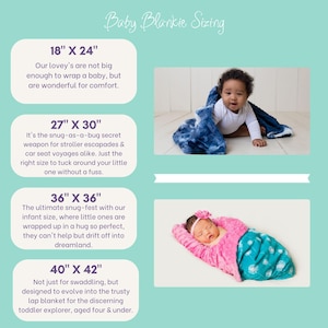 Puede incluir: Una infograf&iacute;a titulada Baby Blankie Sizing que muestra cuatro opciones de tama&ntilde;o: 18" x 24", 27" x 30", 36" x 36" y 40" x 42". Dos fotograf&iacute;as muestran a beb&eacute;s envueltos en mantas texturizadas azules y rosas, ilustrando los tama&ntilde;os.