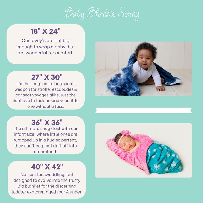 Puede incluir: Una infograf&iacute;a titulada Baby Blankie Sizing que muestra cuatro opciones de tama&ntilde;o: 18" x 24", 27" x 30", 36" x 36" y 40" x 42". Dos fotograf&iacute;as muestran a beb&eacute;s envueltos en mantas texturizadas azules y rosas, ilustrando los tama&ntilde;os.