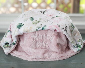 Personalized Baby Blanket, Pink Floral Minky Baby Blanket, Baby Gift, Custom Blanket, Baby Blanket with Name, Pink Baby Blanket