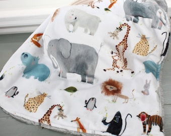 Personalized Baby Blanket, Zoo Animal Friends Minky Baby Blanket, Baby Gift, Toddler Bedding, Newborn Essentials, You Choose Minky Back