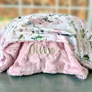 Personalized Baby Blanket, Pink Floral Minky Baby Blanket, Baby Gift, Custom Blanket, Baby Blanket with Name, Pink Baby Blanket