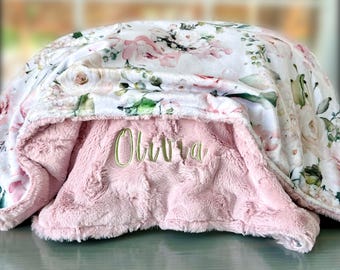Personalized Baby Blanket, Pink Floral Minky Baby Blanket, Baby Gift, Custom Blanket, Baby Blanket with Name, Pink Baby Blanket