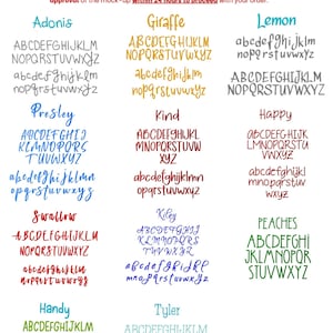 May include: A font selection chart displaying twelve distinct alphabet styles labelled Adonis, Giraffe, Lemon, Presley, Kind, Happy, Swallow, Kiley, Peaches, Handy, and Tyler. Each entry shows uppercase and lowercase letters in various colours.