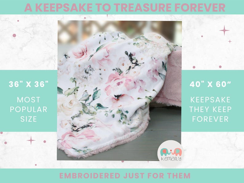 Puede incluir: Una manta blanca con un estampado floral rosa y verde y un reverso rosa suave. El texto incluye A KEEPSAKE TO TREASURE FOREVER, 36" x 36" MOST POPULAR SIZE, 40" x 60" KEEPSAKE THEY KEEP FOREVER, EMBROIDERED JUST FOR THEM y el logo KEMAILY.
