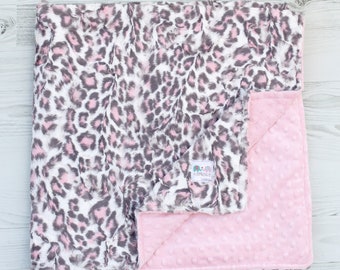 Personalized Blanket, Pink Leopard Minky Baby Blanket, You Choose Minky Back, Newborn Girl, Adult Throw Blanket, Girl Baby Shower Gift