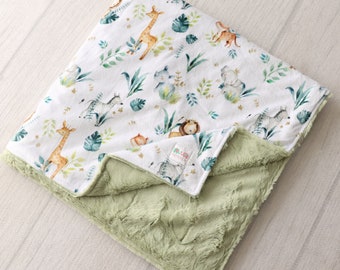Personalized Baby Blanket, Safari Babies Minky Baby Blanket, Baby Shower Gift, Toddler Bedding, Custom Blanket, You Choose Minky Back
