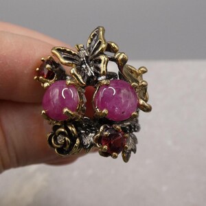 Vintage Sterling Silver Garden Ring: Ruby, Garnet, Gold-Plated Butterfly