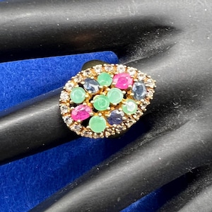 Vintage Gold Plated Sterling Silver Teardrop Multi-Stone Ring: Ruby, Sapphire, Emerald, Topaz - Size 7