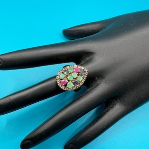 Vintage Gold Plated Sterling Silver Teardrop Multi-Stone Ring: Ruby, Sapphire, Emerald, Topaz - Size 7