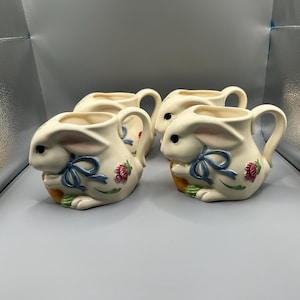 Vintage Lenox Ceramic Rabbit Mugs: Poppies On Blue, Set of 4