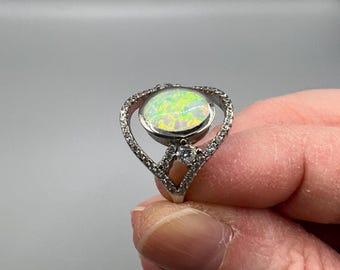 Vintage 925 Sterling Silver and Simulated Opal and CZ Statement Ring, Size 6