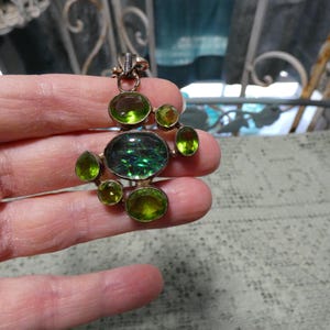 Vintage Sterling Silver Abstract Pendant Necklace: Green Glass Jewels
