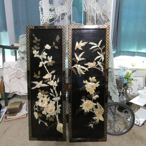 Two Vintage Japanese Asian Wall Art Panels, Black Lacquer Background With Abalone, Mother Of Pearl Carved Garden Scene Of Flowers and Birds