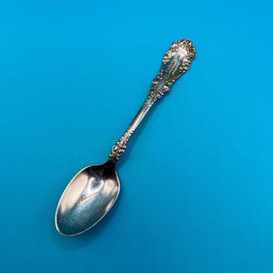 May include: A silver spoon with an ornate handle and a rounded bowl. The handle features decorative floral patterns and a small inscription at the top. The spoon is set against a bright blue background.