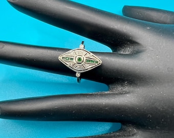 Vintage Art Deco 14k Gold Emerald, Diamond Ring: Geometric Design, Size 6 1/2