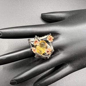 Vintage Sterling Silver Handcrafted Ring: Geometric Nature Design Citrine, Rubies, Size 7 1/2