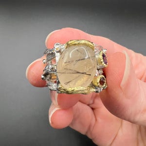 Vintage Sterling Silver Ring: Nature Inspired, Rutile Quartz, Amethyst, Ruby, Size 8 1/2