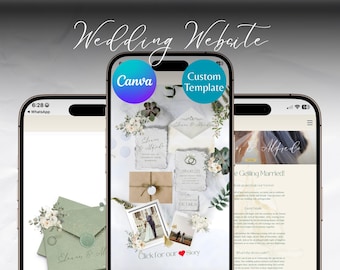 May include: Three smartphones displaying wedding website designs. The central phone shows a Canva template with wedding details, floral accents, and a photo. The top text reads "Wedding Website". The other phones show related designs.