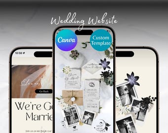 May include: Three smartphones displaying wedding website designs. The screens showcase wedding invitations, photos, and the text "Wedding Website", "Canva", and "Custom Template". Floral and botanical elements are also present.